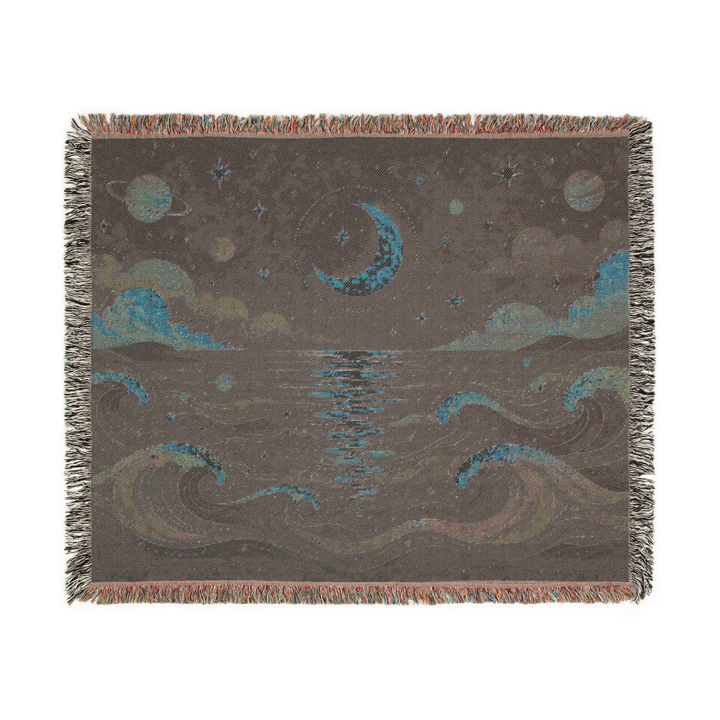 Crescent Moon Over Ocean Woven Blanket | Starry Night Tapestry Throw