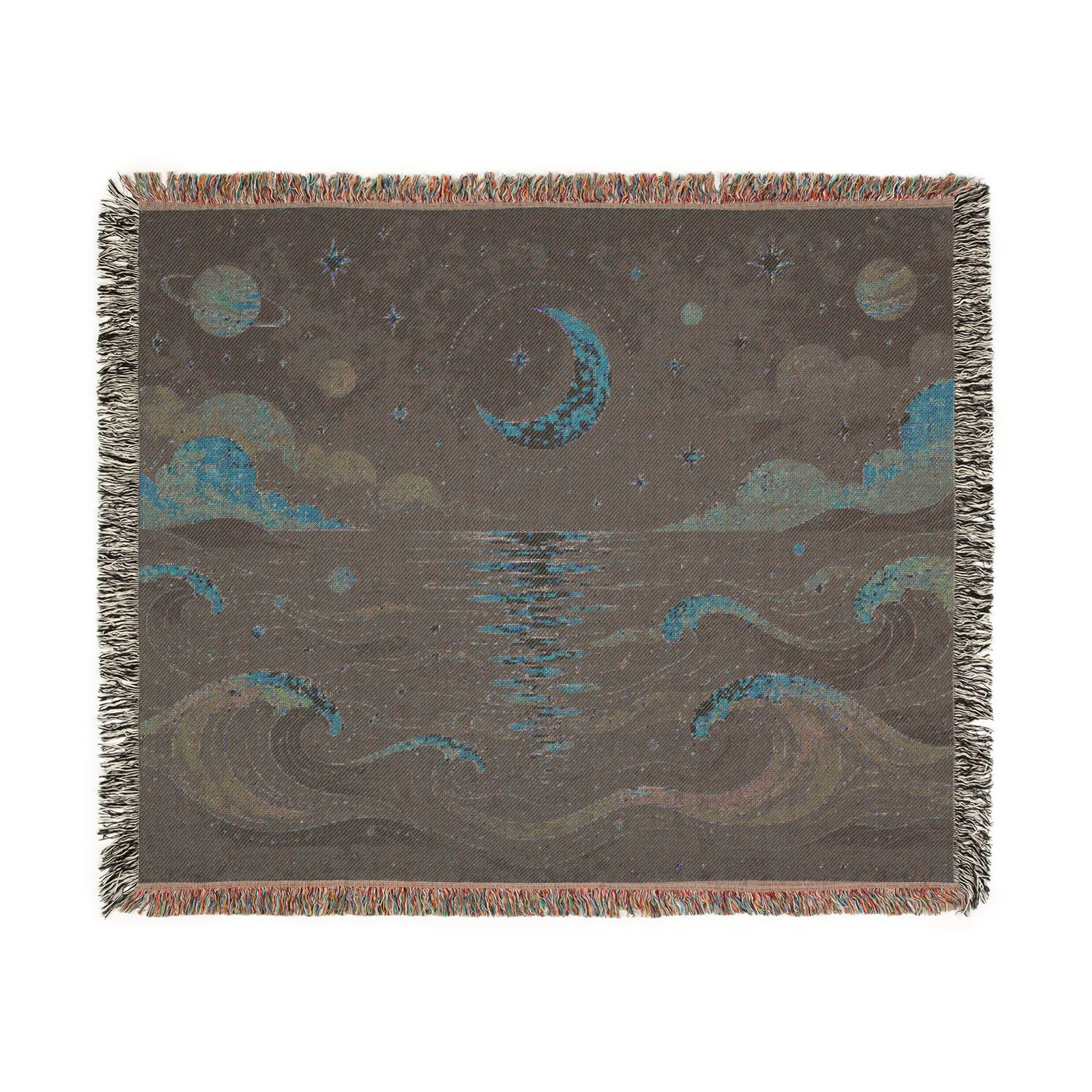 Crescent Moon Over Ocean Woven Blanket | Starry Night Tapestry Throw