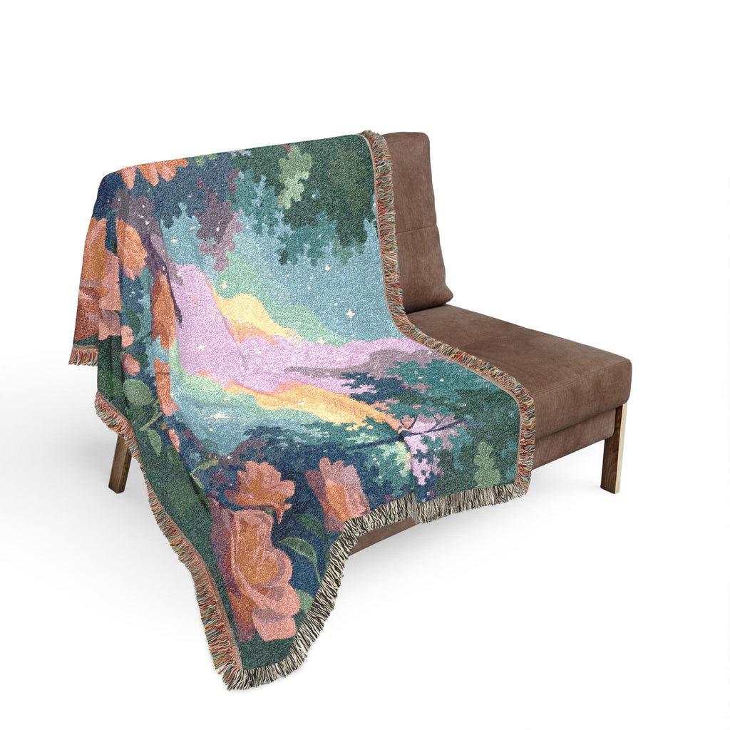 Sunset Rose Meadow Woven Blanket | Floral Landscape Throw