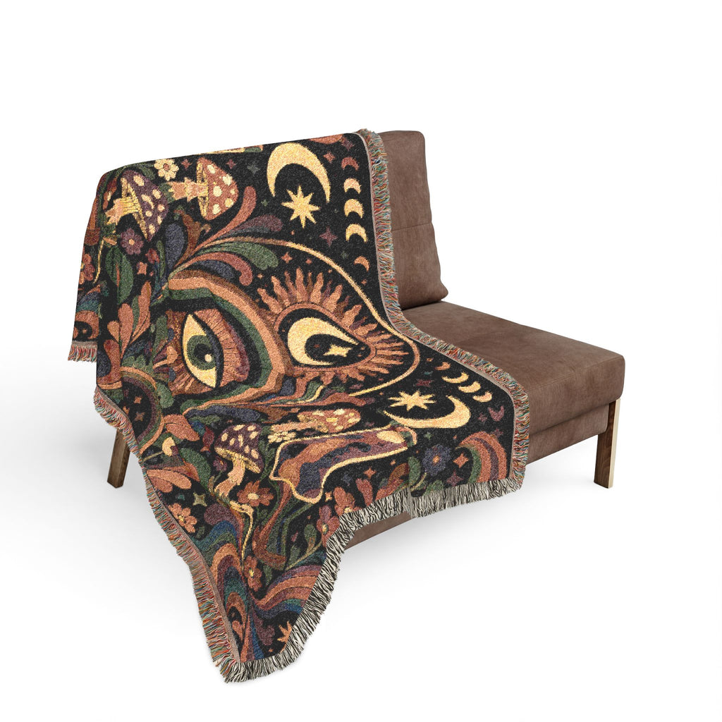 Celestial Moon Eye Woven Blanket | Mystic Boho Tapestry Throw