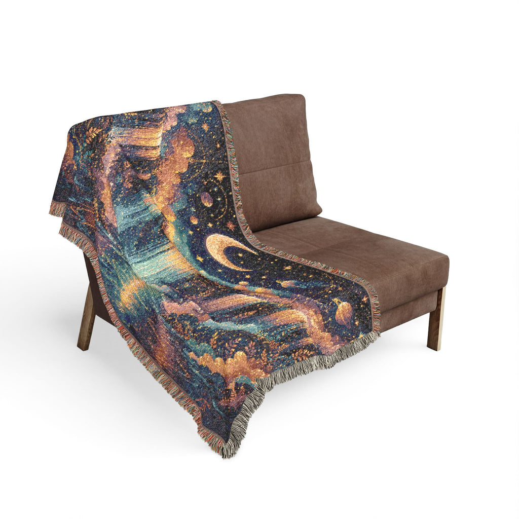 Celestial Moon Waterfall Woven Blanket | Night Sky Tapestry Throw