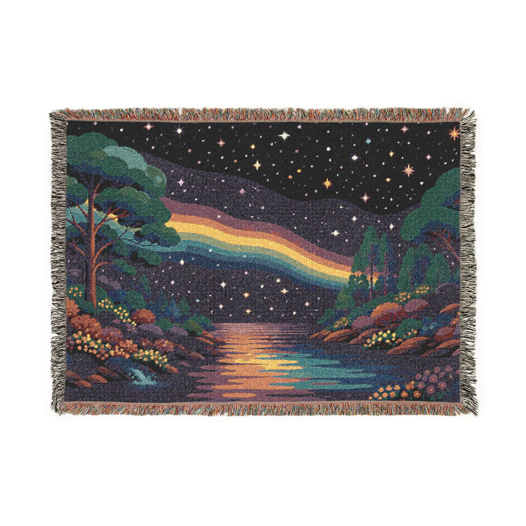 Pixel Rainbow Nightscape Woven Blanket | Starry Lake Scenic Throw