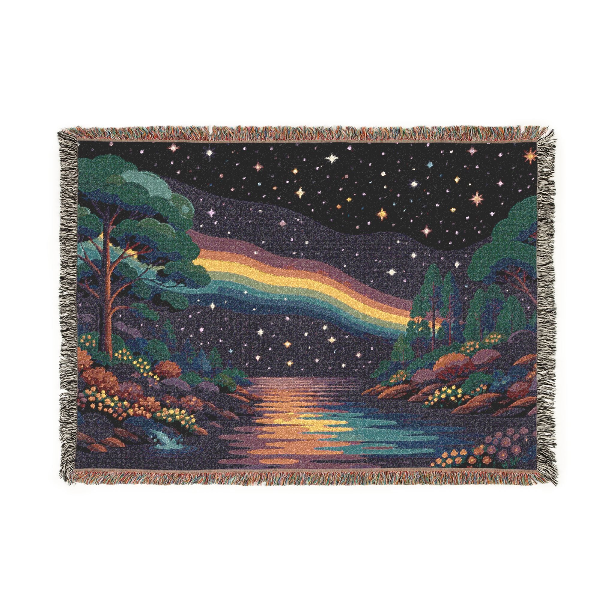 Pixel Rainbow Nightscape Woven Blanket | Starry Lake Scenic Throw
