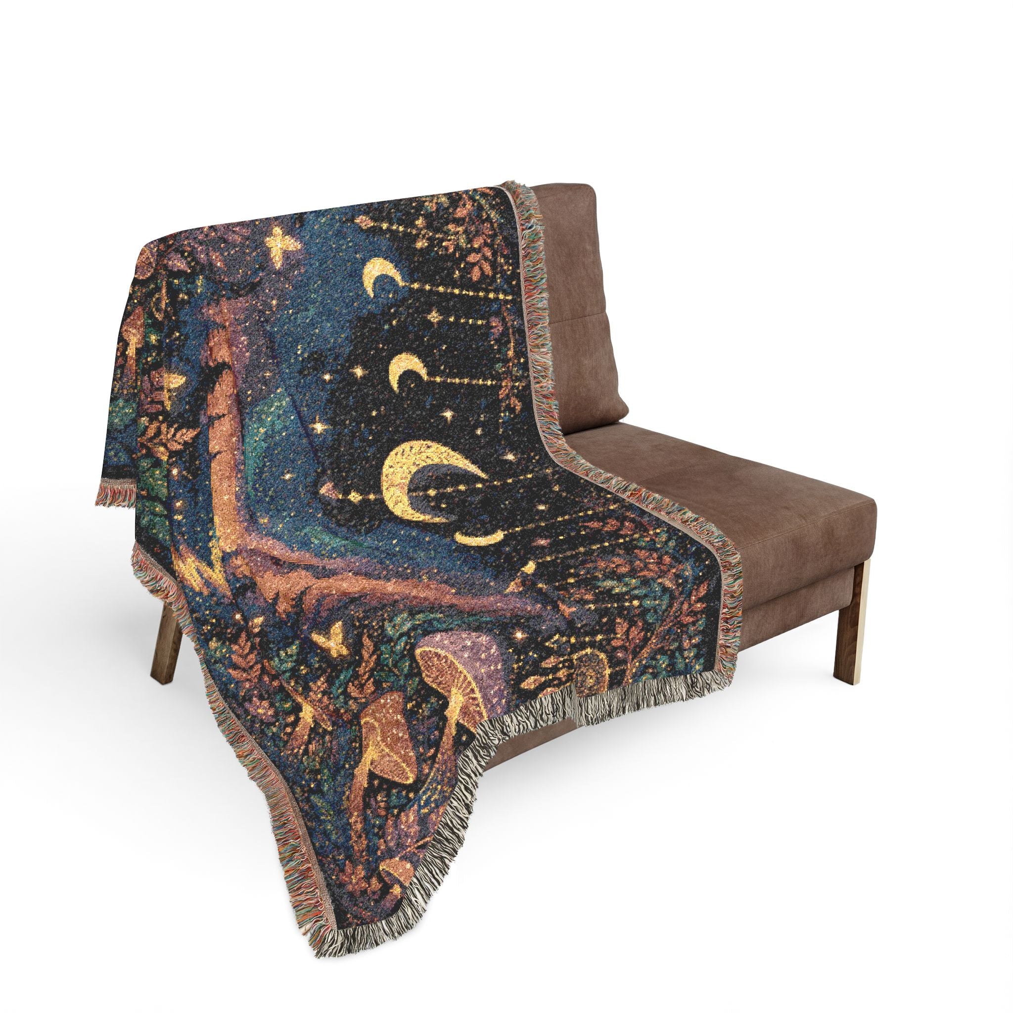 Moonlit Mushroom Forest Woven Blanket | Celestial Nightscape Tapestry