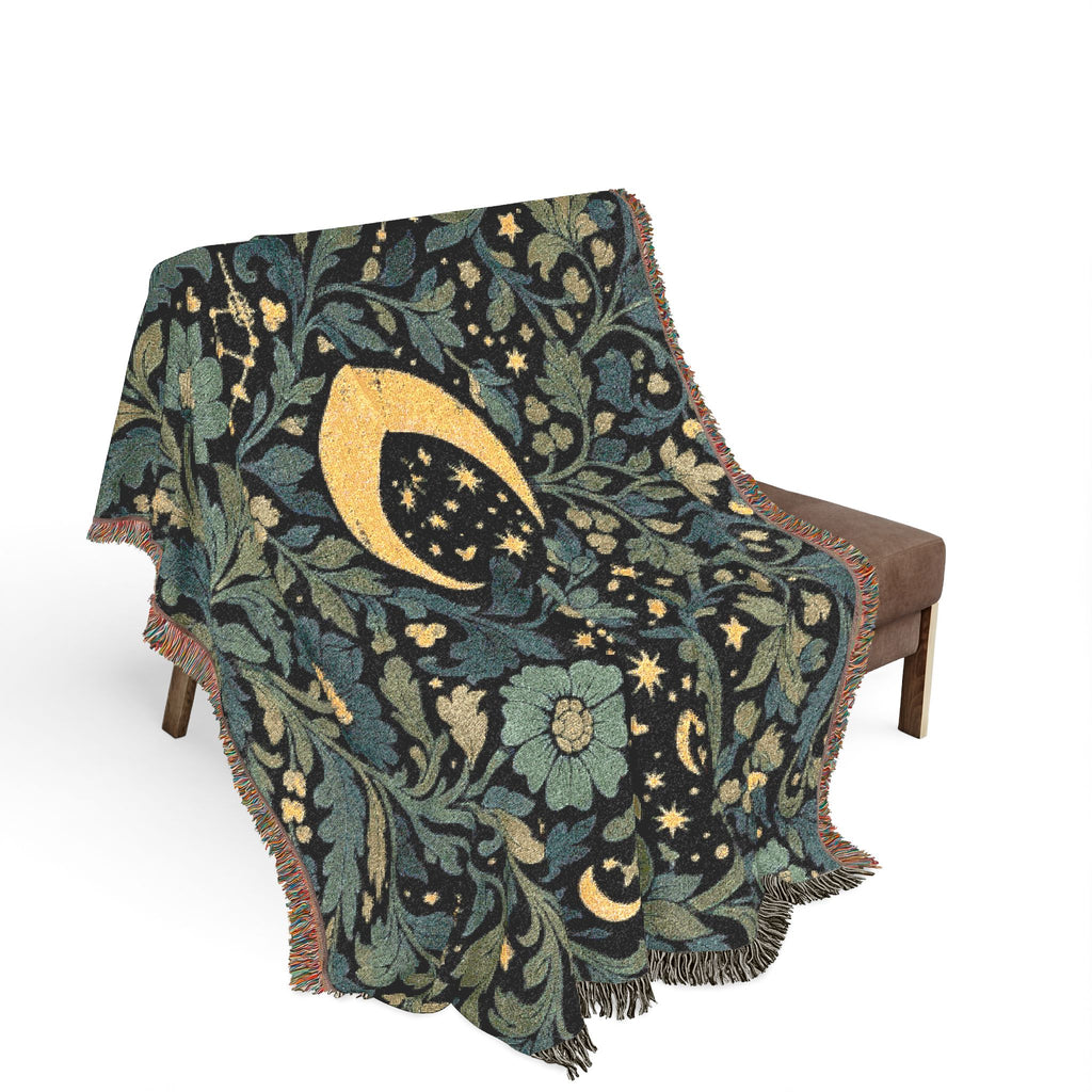Crescent Moon Floral Woven Blanket | Starry Night Tapestry Throw