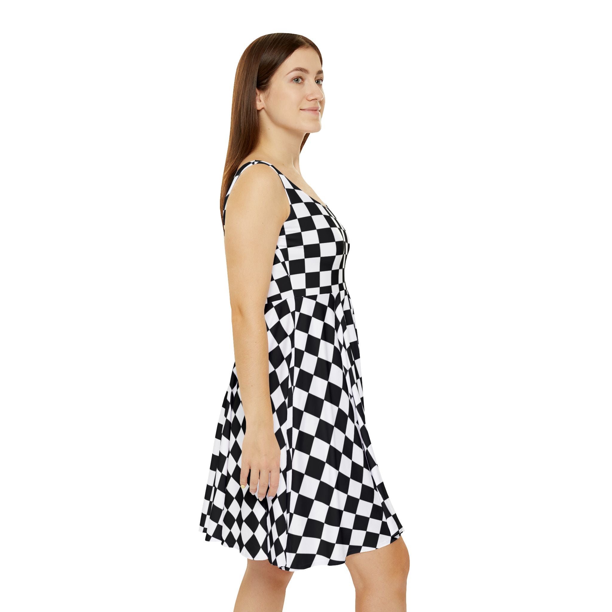 Black White Checkerboard Pattern Skater Dress