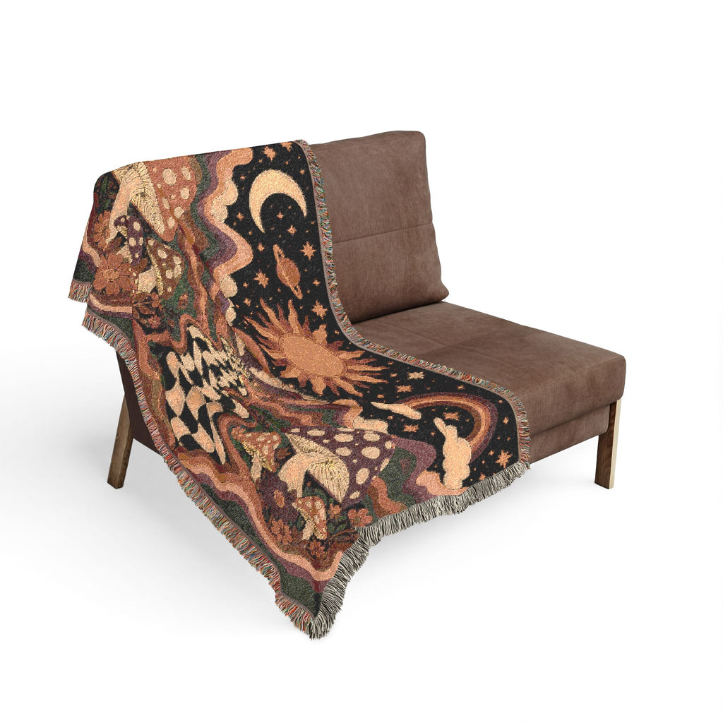 Psychedelic Mushroom Sunscape Woven Blanket | Retro Checkerboard Path