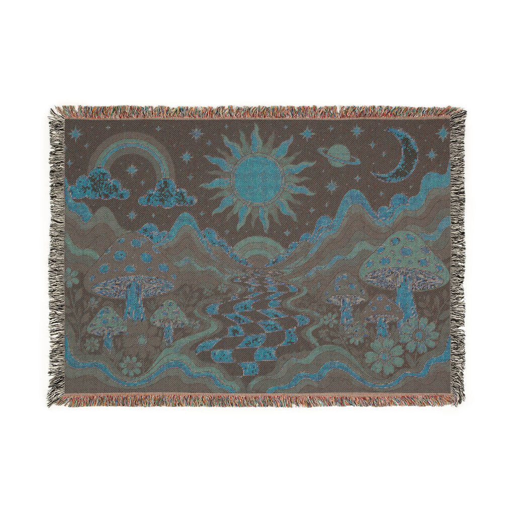 Psychedelic Mushroom Sunscape Woven Blanket | Retro Checkerboard Path