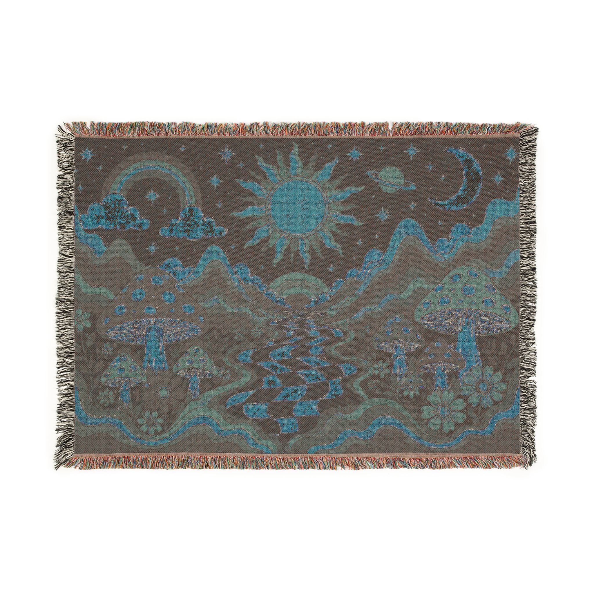 Psychedelic Mushroom Sunscape Woven Blanket | Retro Checkerboard Path