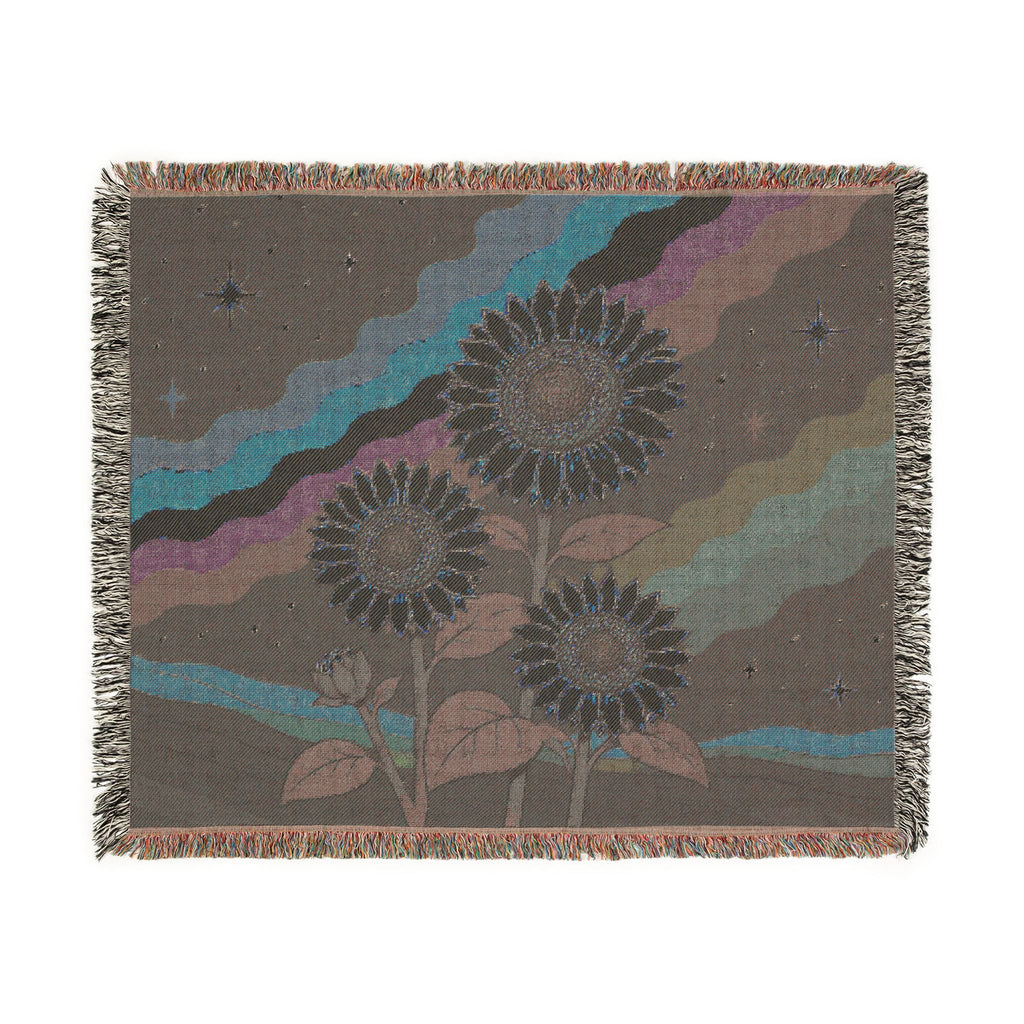 Sunflower Nightscape Woven Blanket | Retro Celestial Tapestry