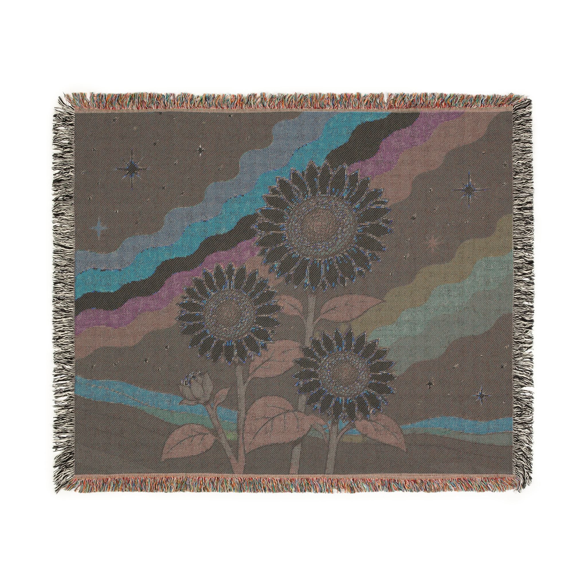 Sunflower Nightscape Woven Blanket | Retro Celestial Tapestry