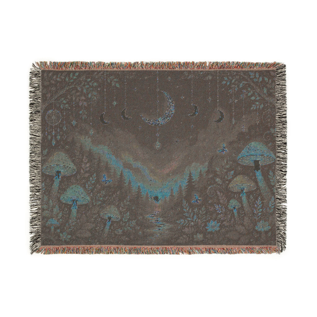 Moonlit Mushroom Forest Woven Blanket | Celestial Nightscape Tapestry