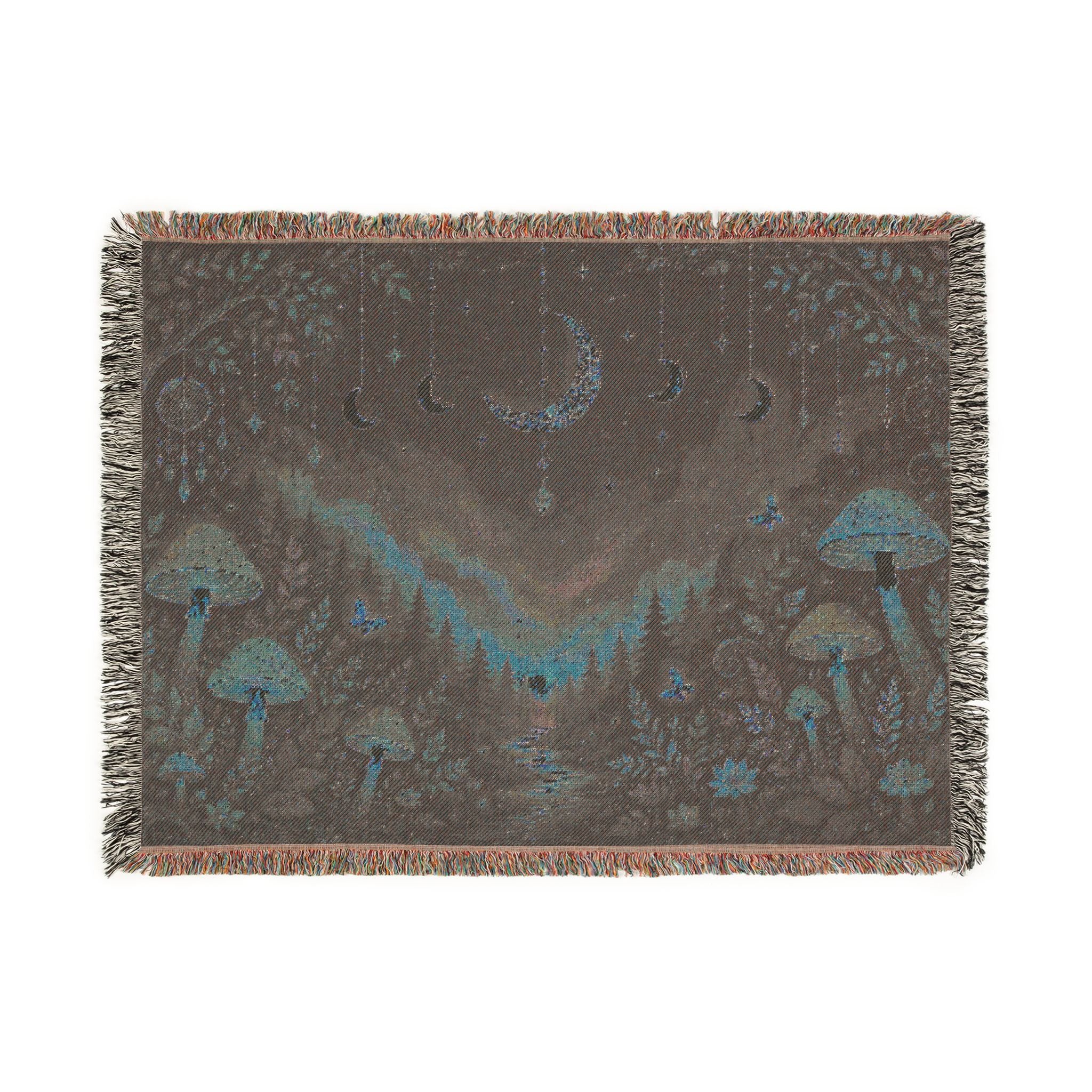 Moonlit Mushroom Forest Woven Blanket | Celestial Nightscape Tapestry