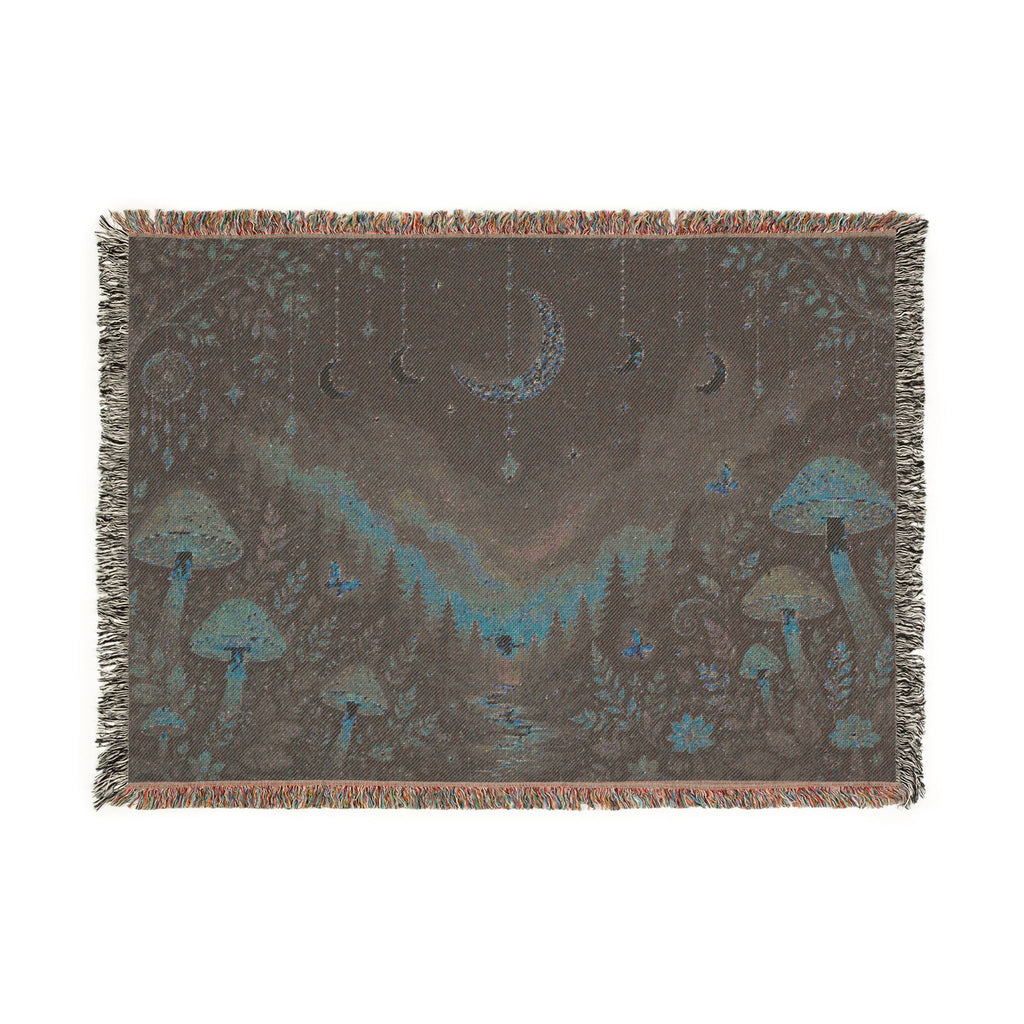 Moonlit Mushroom Forest Woven Blanket | Celestial Nightscape Tapestry