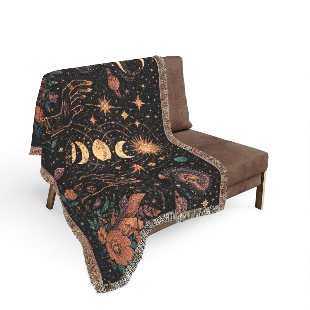 Celestial Moon Phases Woven Blanket | Sun, Stars & Floral Tapestry Throw