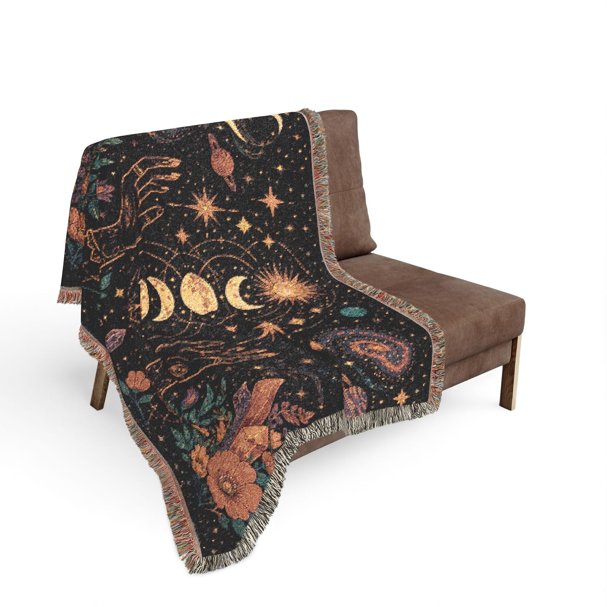 Celestial Moon Phases Woven Blanket | Sun, Stars & Floral Tapestry Throw