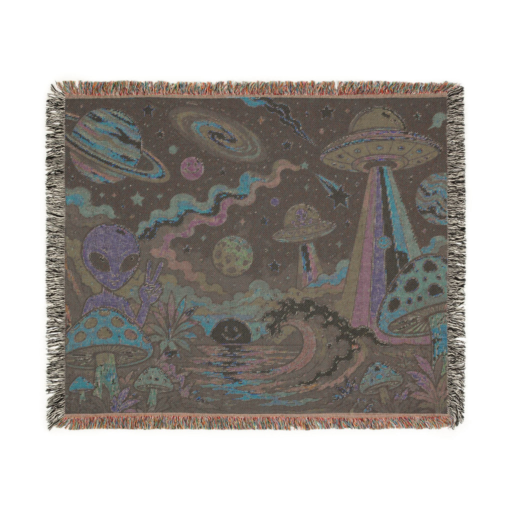 Psychedelic Alien Mushroom Scene Woven Blanket | Space UFO Tapestry Throw