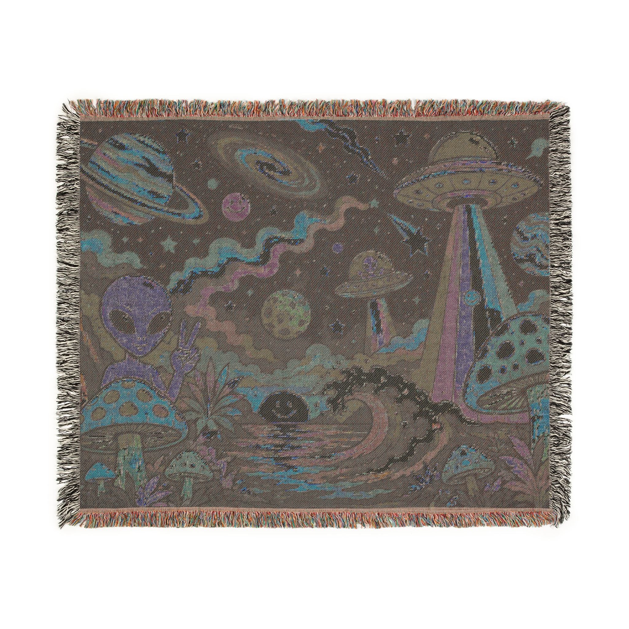 Psychedelic Alien Mushroom Scene Woven Blanket | Space UFO Tapestry Throw