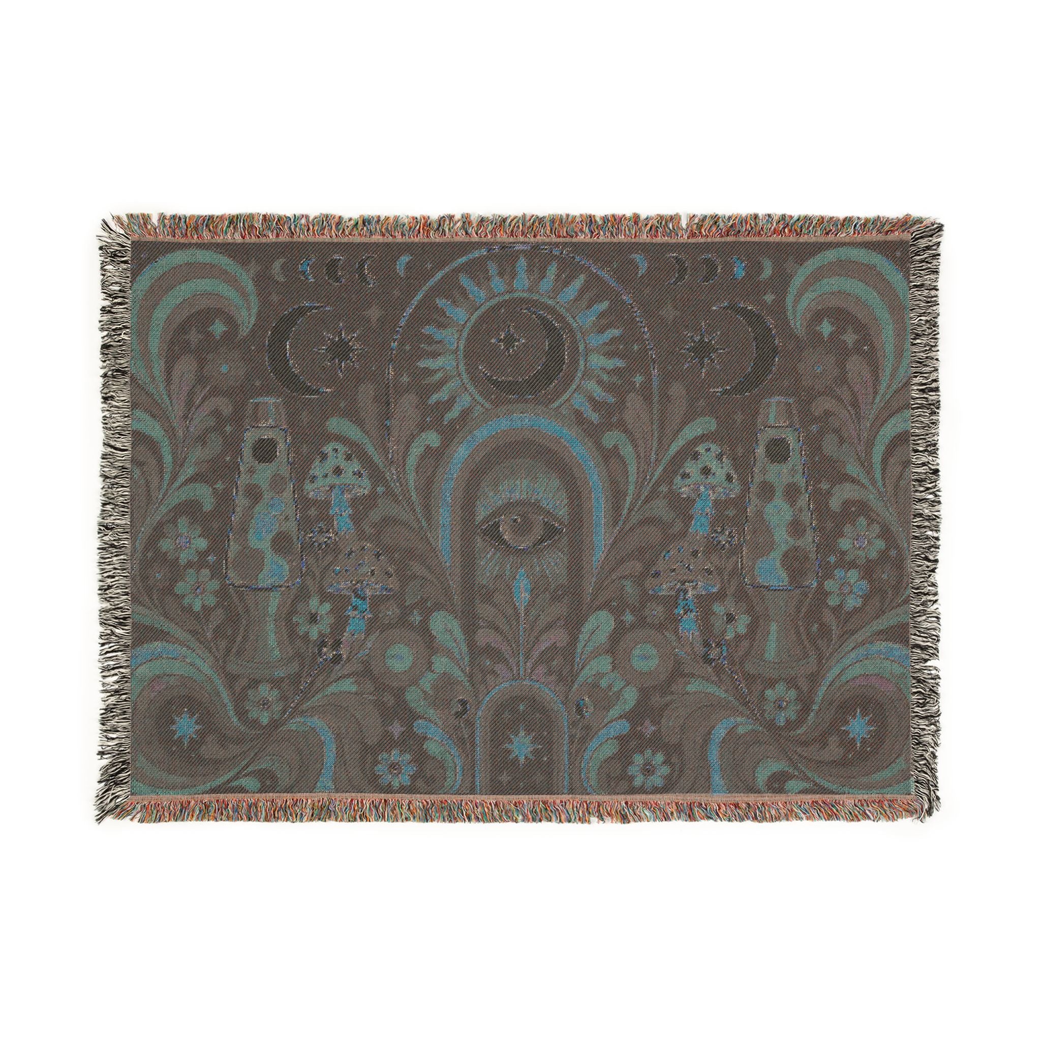 Celestial Moon Eye Woven Blanket | Mystic Boho Tapestry Throw