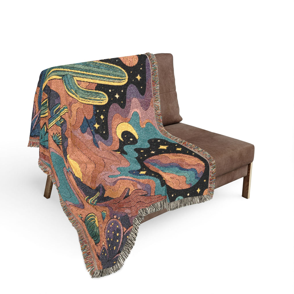 Desert Sunset Cosmic Landscape Woven Blanket | Southwestern Cactus Tapestry