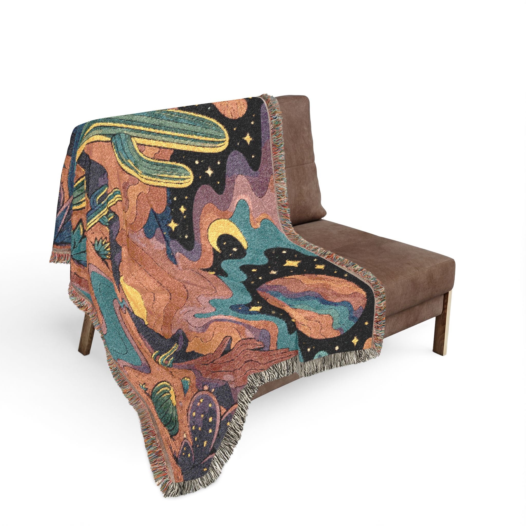 Desert Sunset Cosmic Landscape Woven Blanket | Southwestern Cactus Tapestry