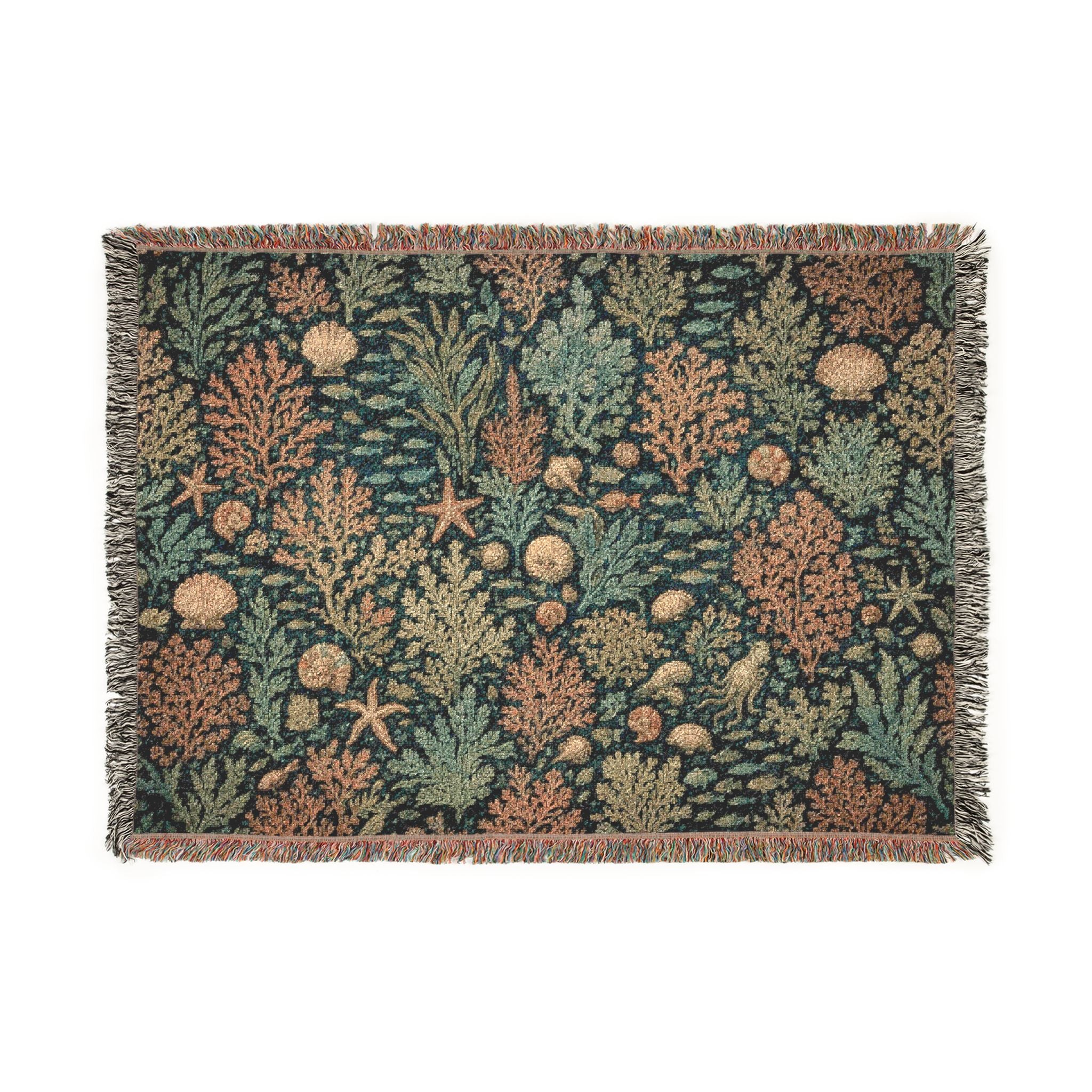 Vintage Sealife Floral Tapestry Woven Blanket | Botanical Throw, Earth Tones