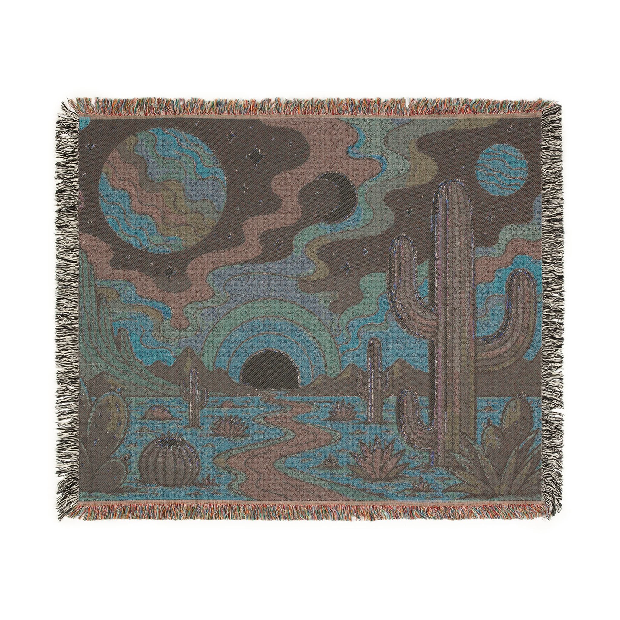 Desert Sunset Cosmic Landscape Woven Blanket | Southwestern Cactus Tapestry