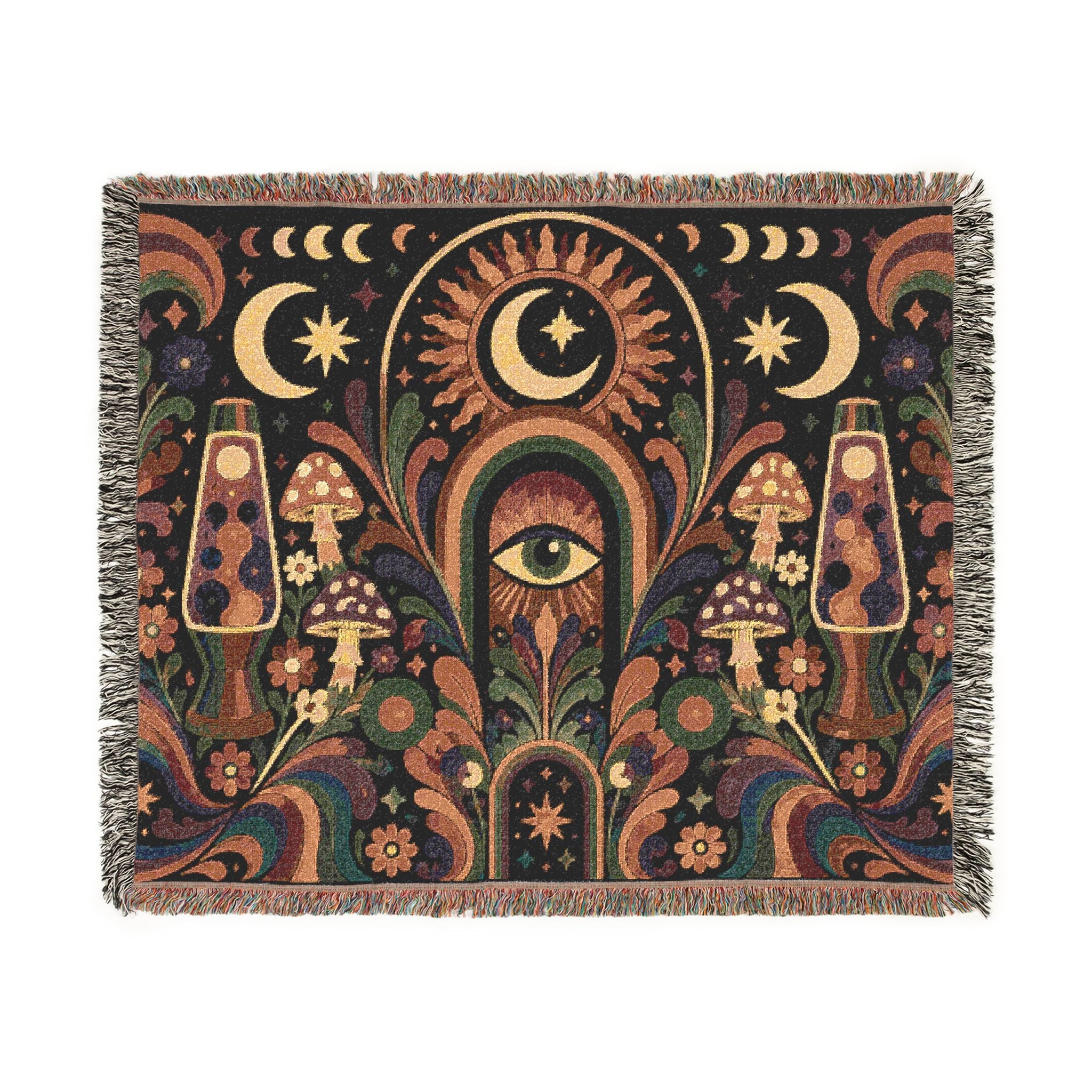Celestial Moon Eye Woven Blanket | Mystic Boho Tapestry Throw