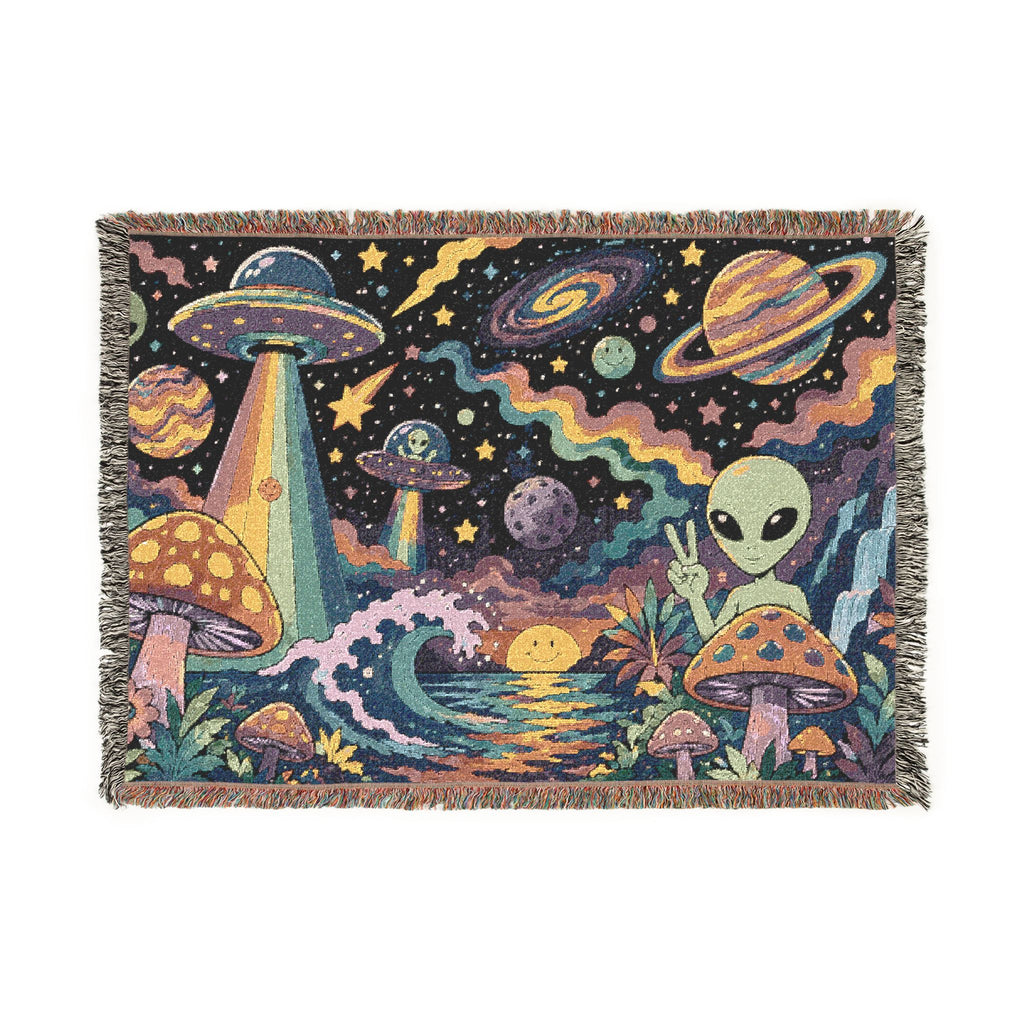 Psychedelic Alien Mushroom Scene Woven Blanket | Space UFO Tapestry Throw