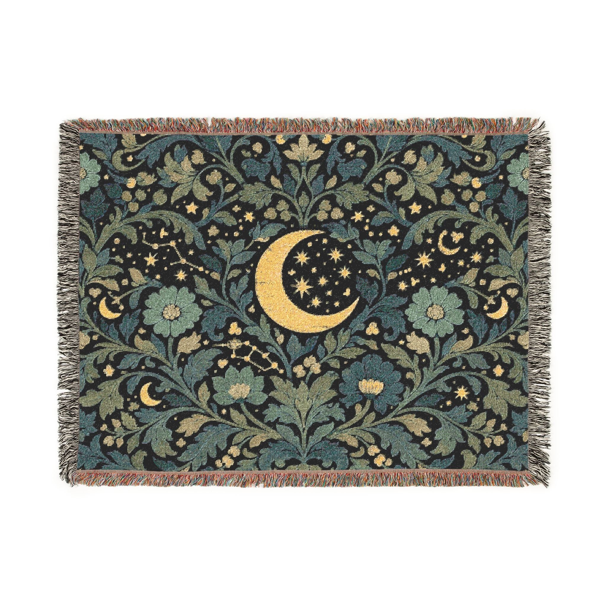 Crescent Moon Floral Woven Blanket | Starry Night Tapestry Throw