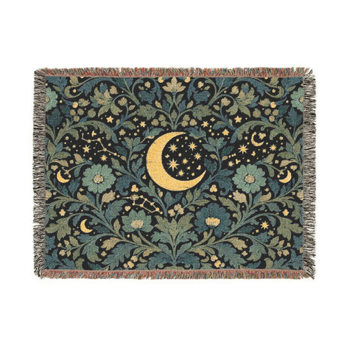 Crescent Moon Floral Woven Blanket | Starry Night Tapestry Throw