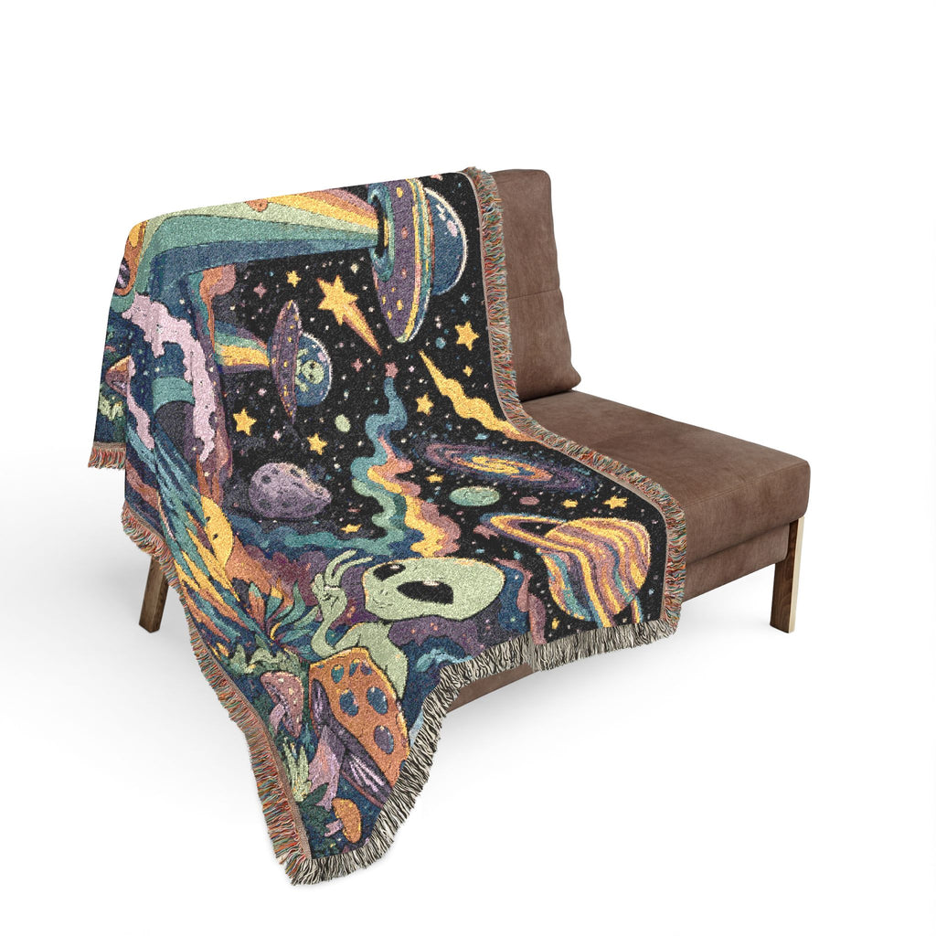 Psychedelic Alien Mushroom Scene Woven Blanket | Space UFO Tapestry Throw