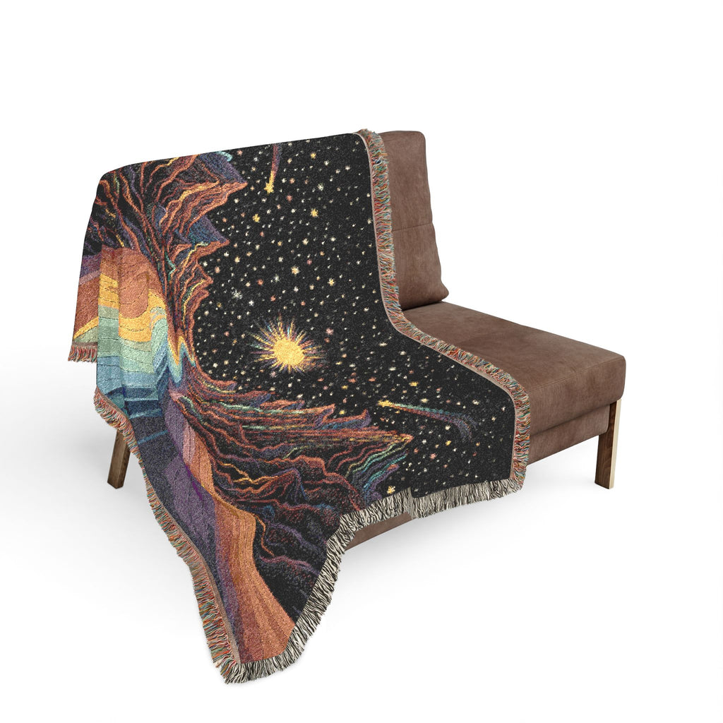Cosmic Rainbow River Woven Blanket | Starry Night Mountain Tapestry Throw