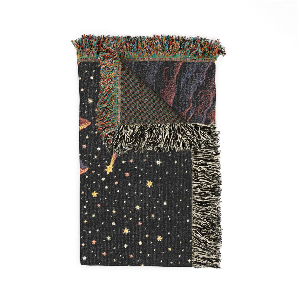Cosmic Rainbow River Woven Blanket | Starry Night Mountain Tapestry Throw