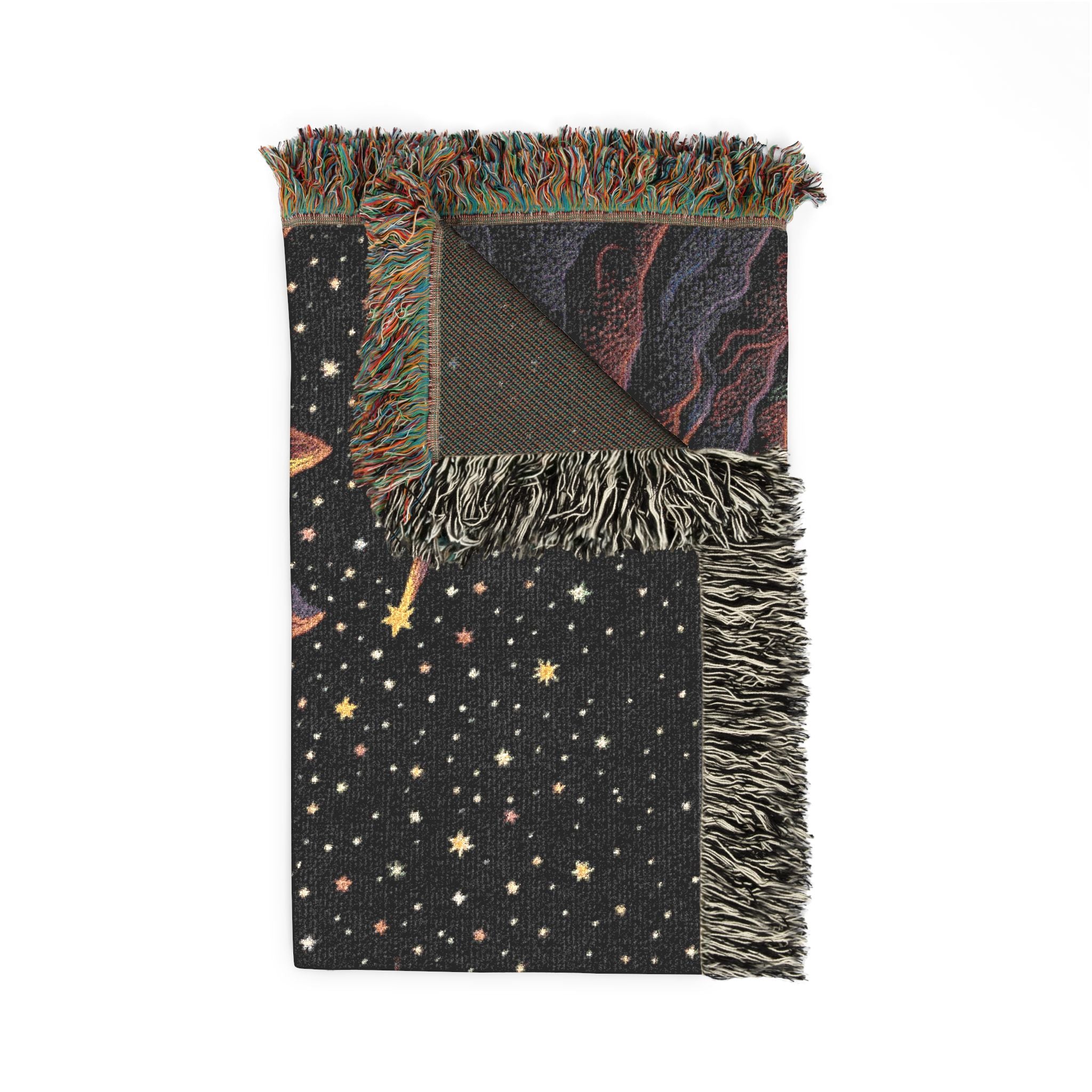 Cosmic Rainbow River Woven Blanket | Starry Night Mountain Tapestry Throw