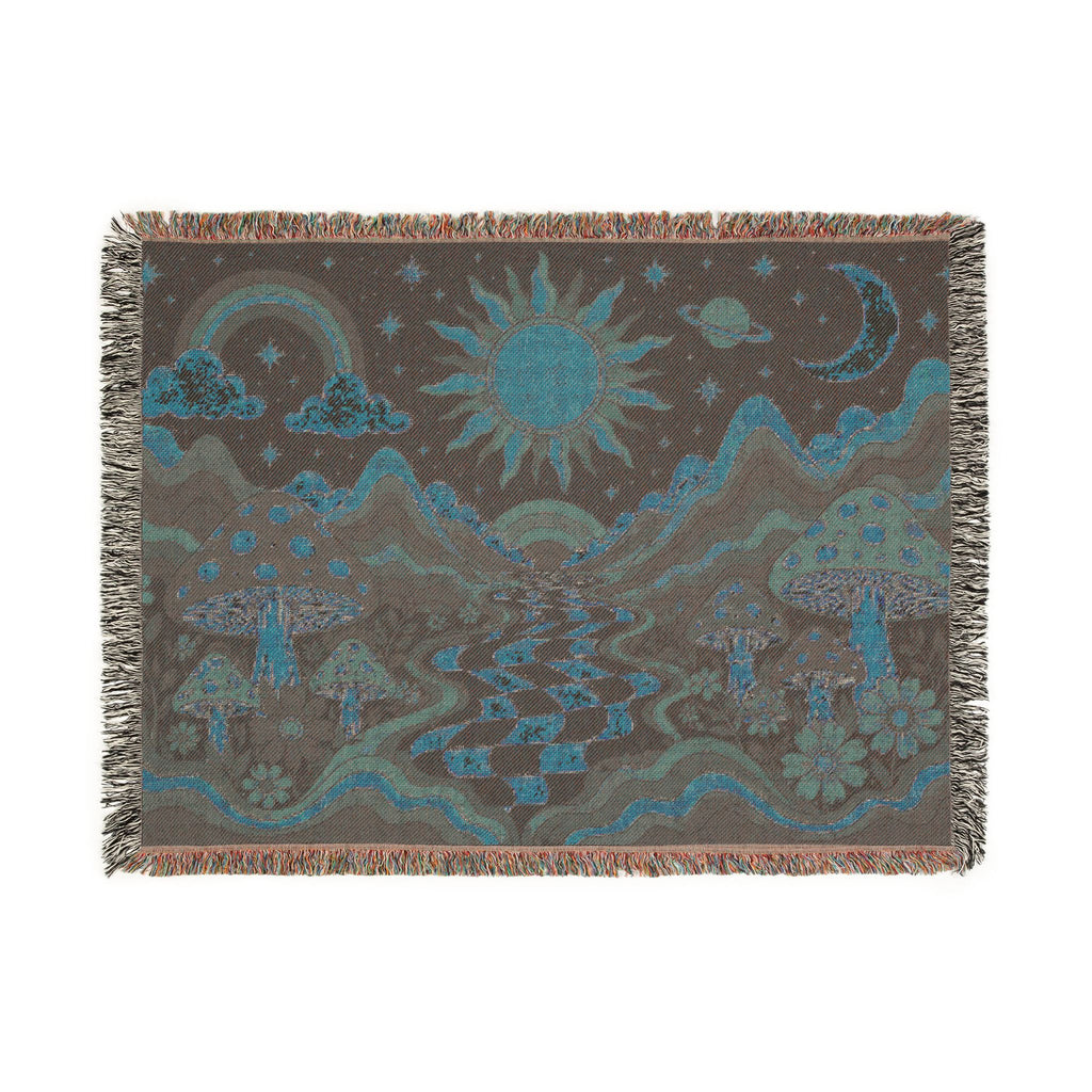 Psychedelic Mushroom Sunscape Woven Blanket | Retro Checkerboard Path