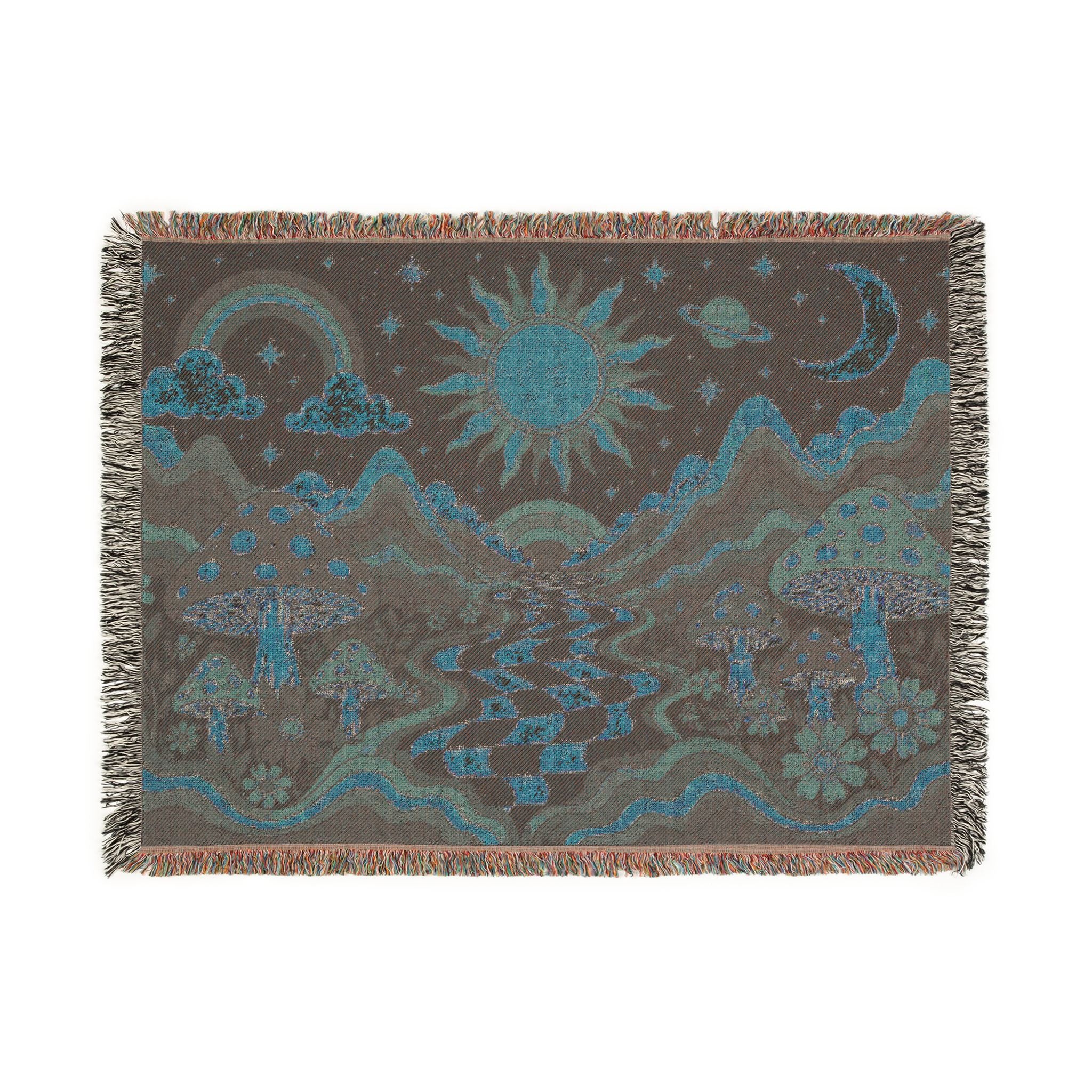 Psychedelic Mushroom Sunscape Woven Blanket | Retro Checkerboard Path