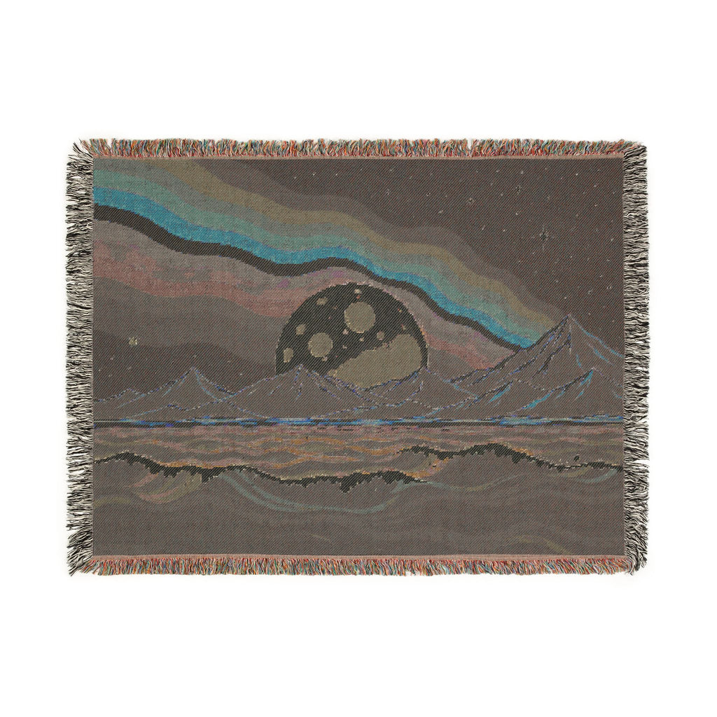 Rainbow Moon Landscape Woven Blanket | Mountain Night Sky Tapestry