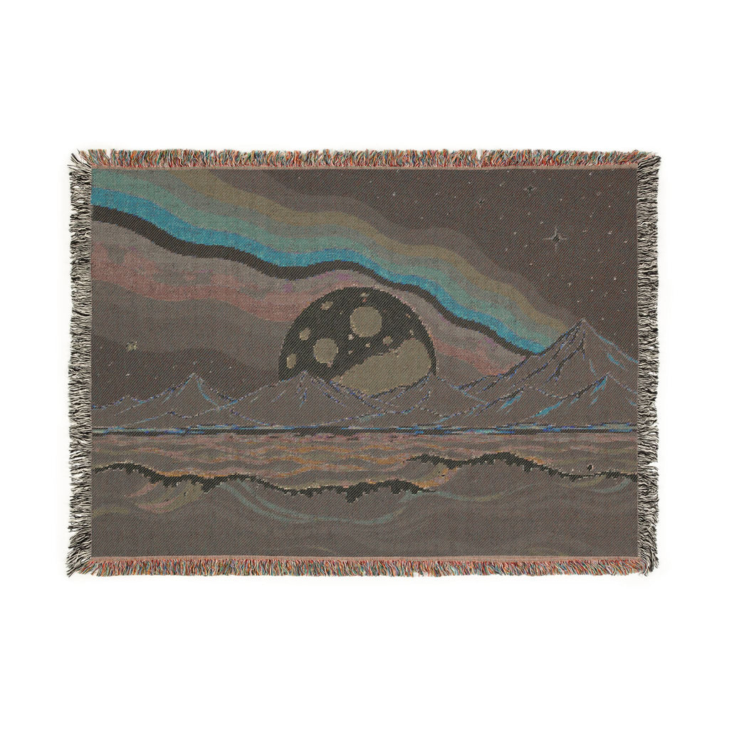 Rainbow Moon Landscape Woven Blanket | Mountain Night Sky Tapestry