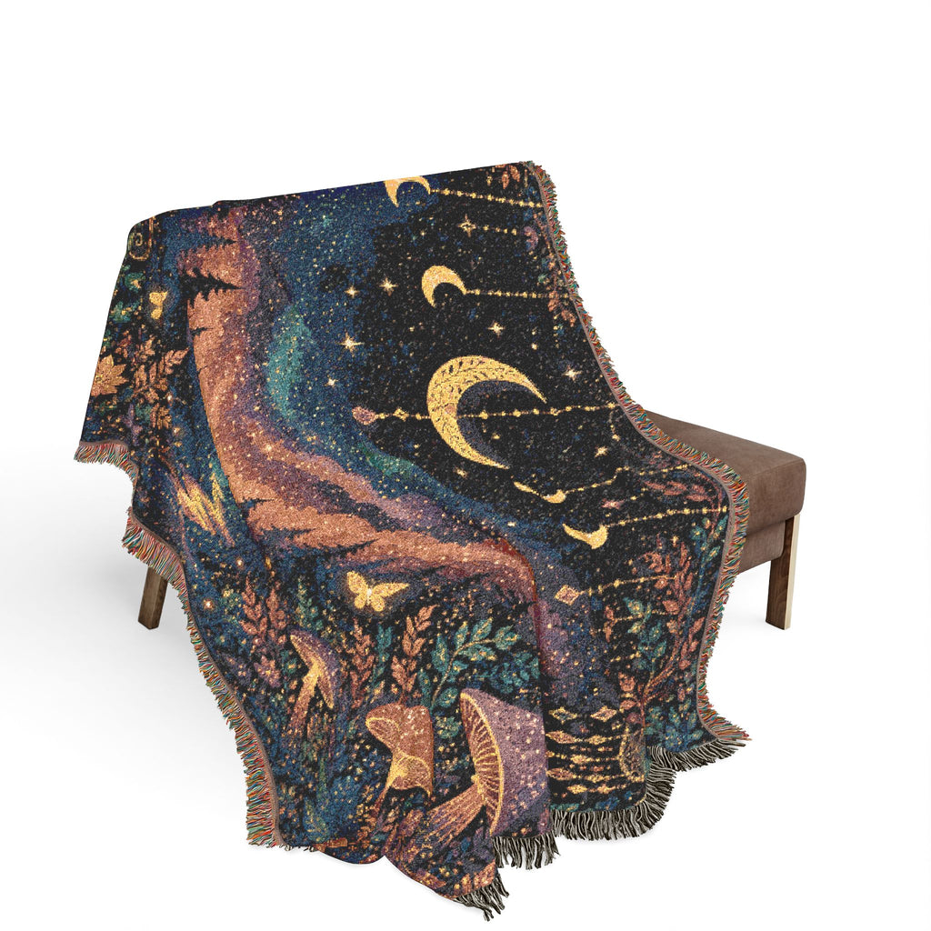 Moonlit Mushroom Forest Woven Blanket | Celestial Nightscape Tapestry