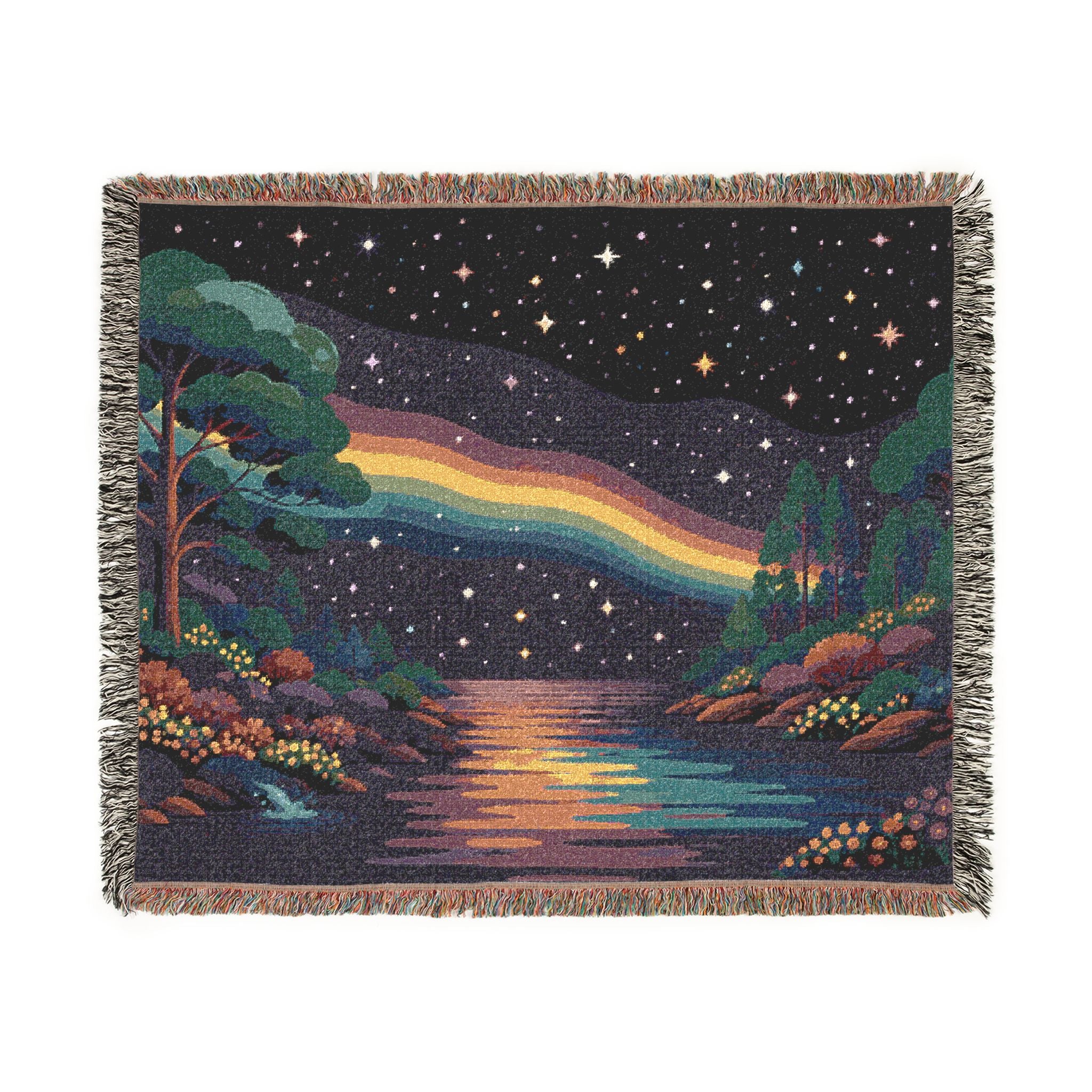 Pixel Rainbow Nightscape Woven Blanket | Starry Lake Scenic Throw