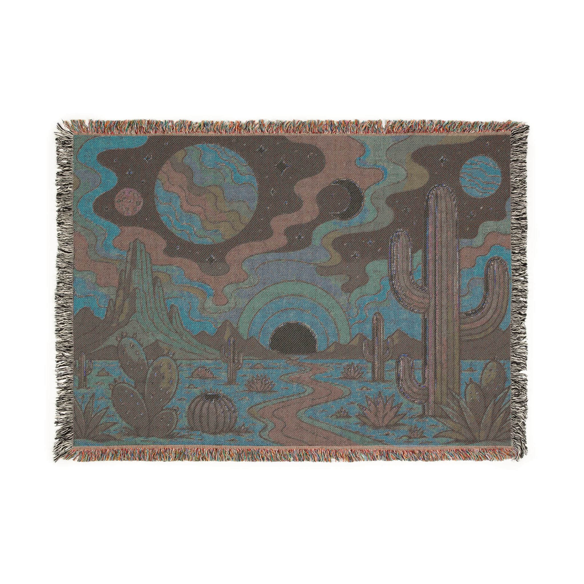 Desert Sunset Cosmic Landscape Woven Blanket | Southwestern Cactus Tapestry