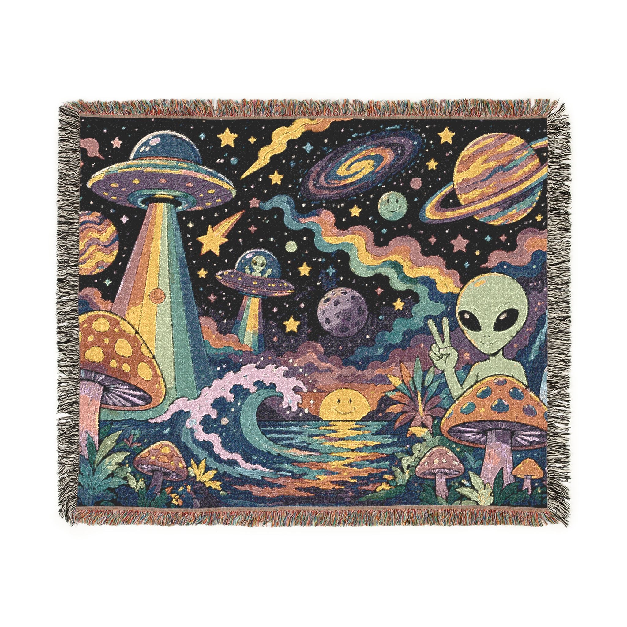 Psychedelic Alien Mushroom Scene Woven Tapestry Blanket
