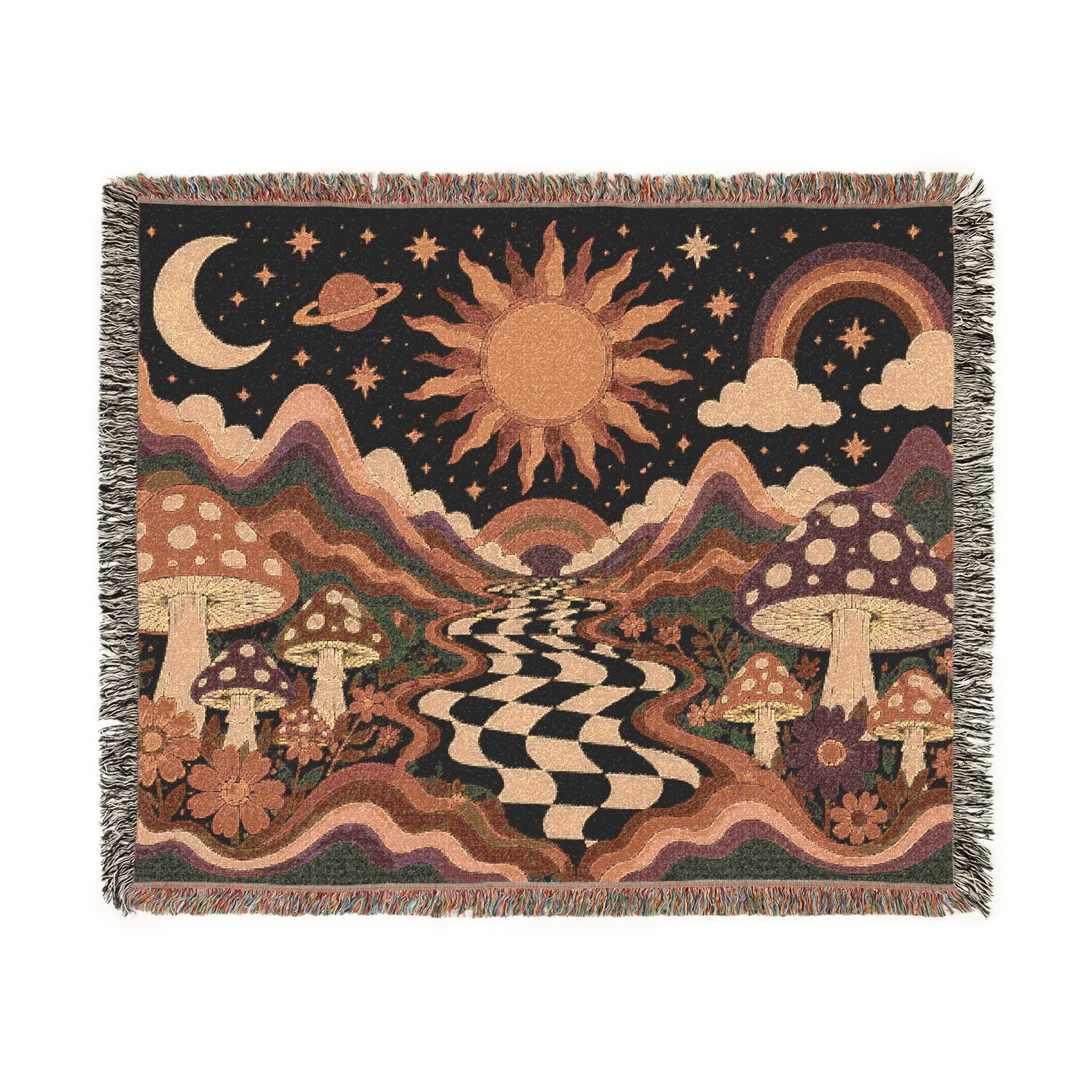Psychedelic Mushroom Sunscape Woven Blanket | Retro Checkerboard Path