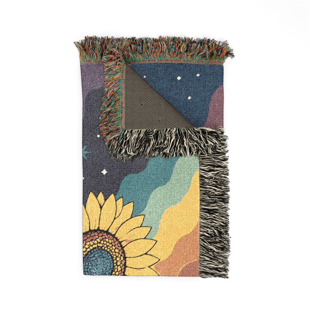 Sunflower Nightscape Woven Blanket | Retro Celestial Tapestry