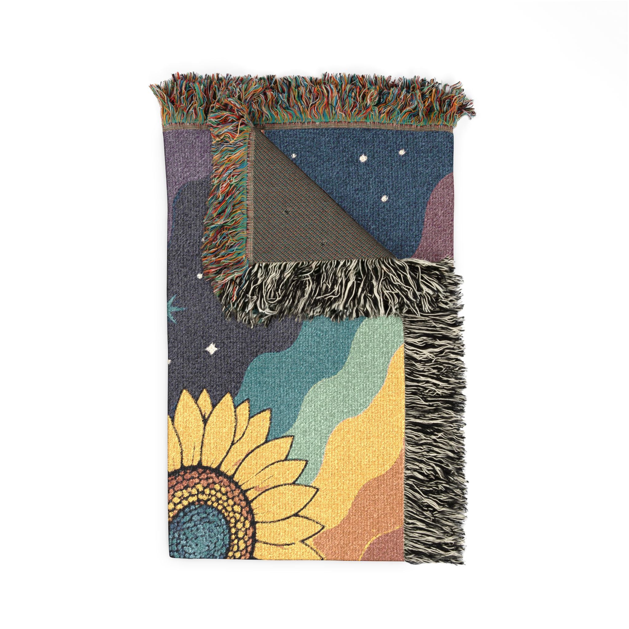 Sunflower Nightscape Woven Blanket | Retro Celestial Tapestry