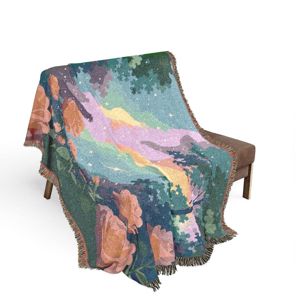 Sunset Rose Meadow Woven Blanket | Floral Landscape Throw