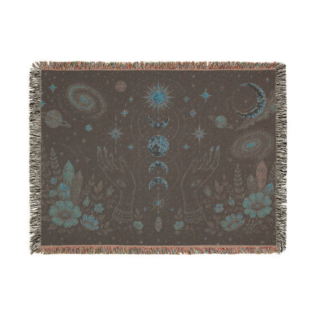 Celestial Moon Phases Woven Blanket | Sun, Stars & Floral Tapestry Throw