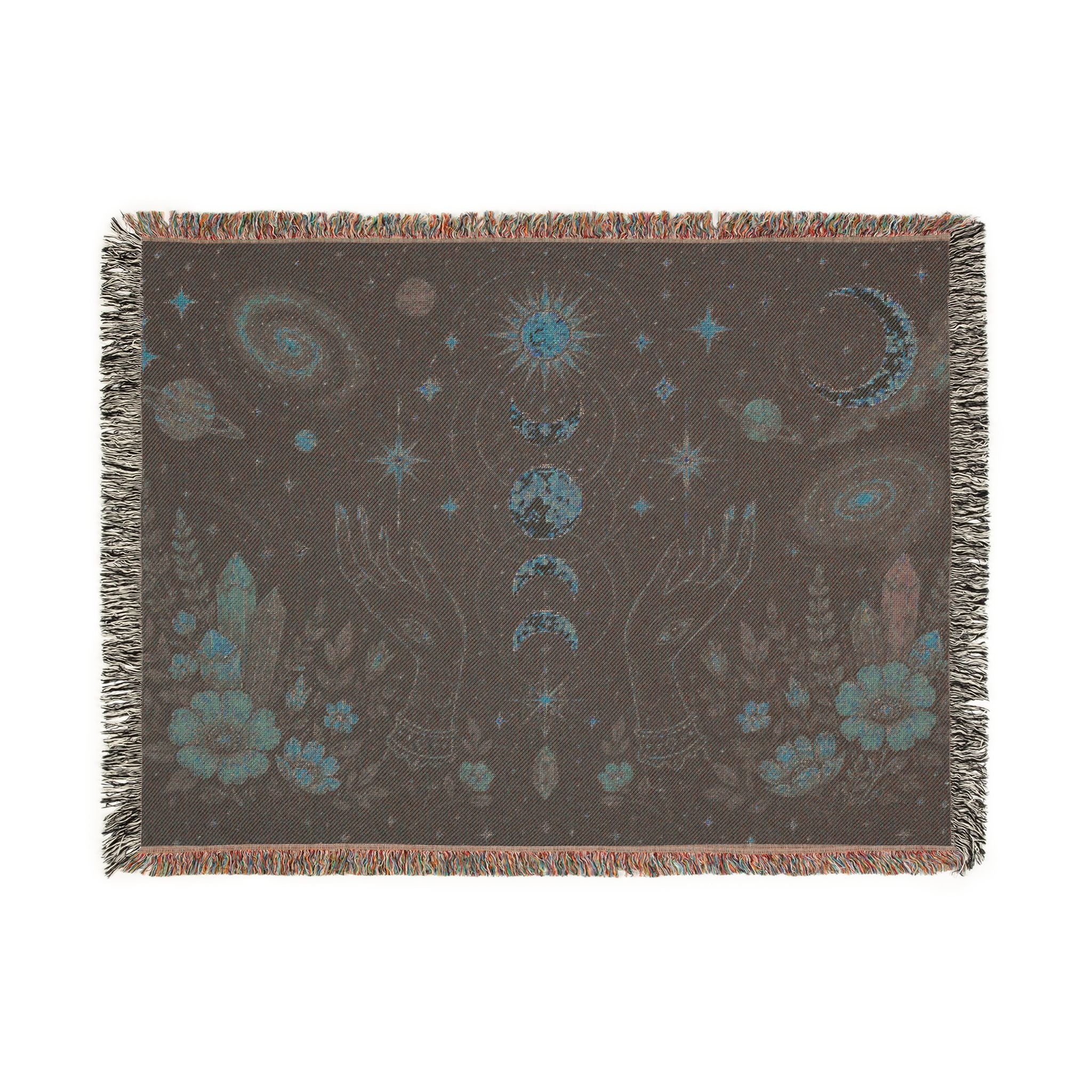 Celestial Moon Phases Woven Blanket | Sun, Stars & Floral Tapestry Throw