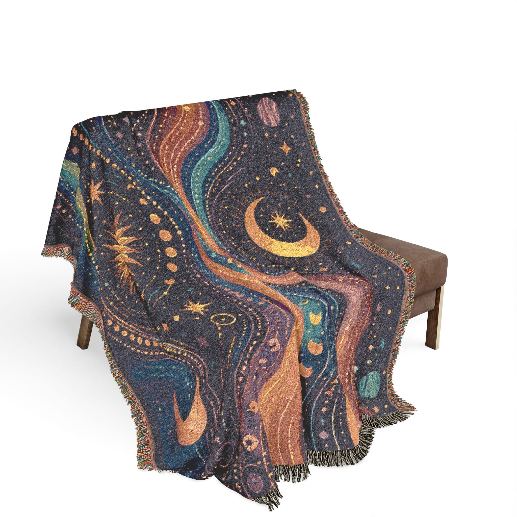 Celestial Waves Woven Blanket | Moon Stars Tapestry Throw